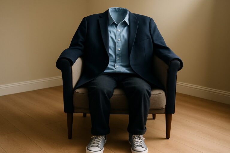 A suit and sneakers on a chair but no body in them. "Empty Suit" of Covert Narcissistic husband.