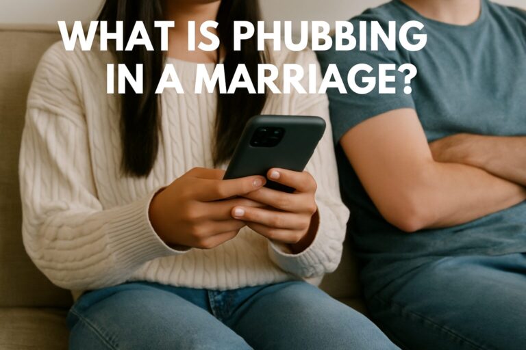 Woman on her phone with man cross-armed next to her with the words "What is Phubbing In Marriage" printed on it.