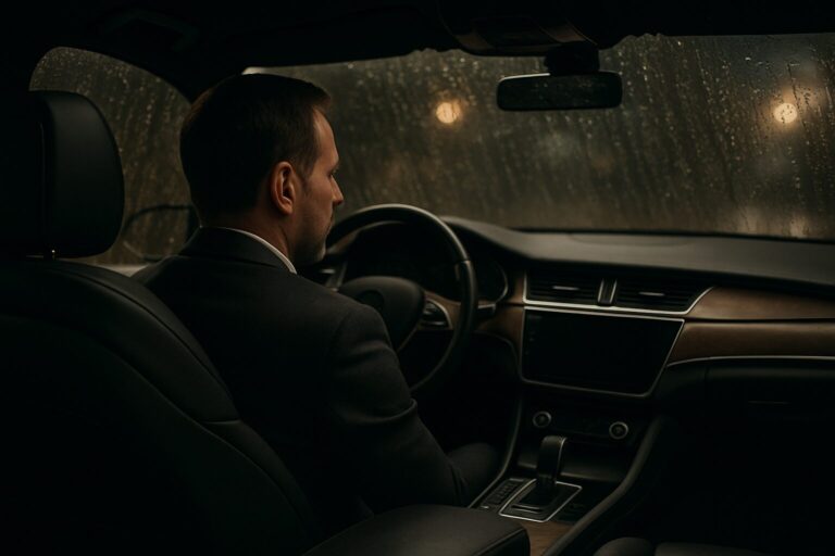 A man by himself in a car behind the wheel on a rainy night symbolizing his reluctance to talk about his feelings.