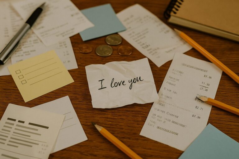 A chaotic group of papers with a crumpled "I love you" on it indicating intentions never expressed.