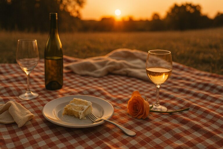End of a picnic with half-eaten cake and wine demonstrating end of the honeymoon.