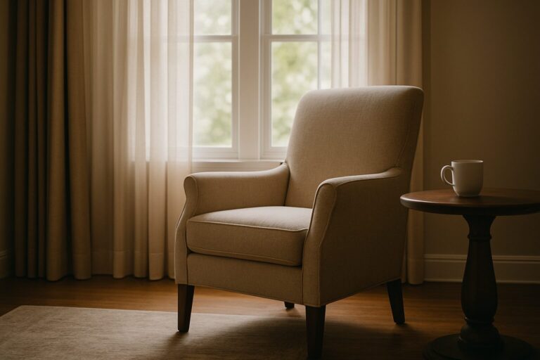 Upholstered chair with a single cup on a side table with two windows with curtains behind it representing a person alone hoping to improve their marriage.