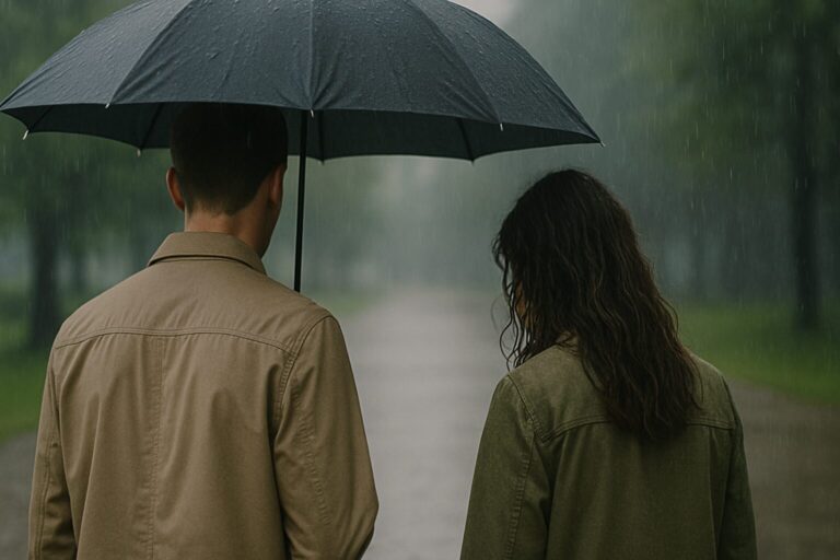 Two people in the rain with the man fully covered by the woman is getting wet. His insecurity is leaving her exposed.