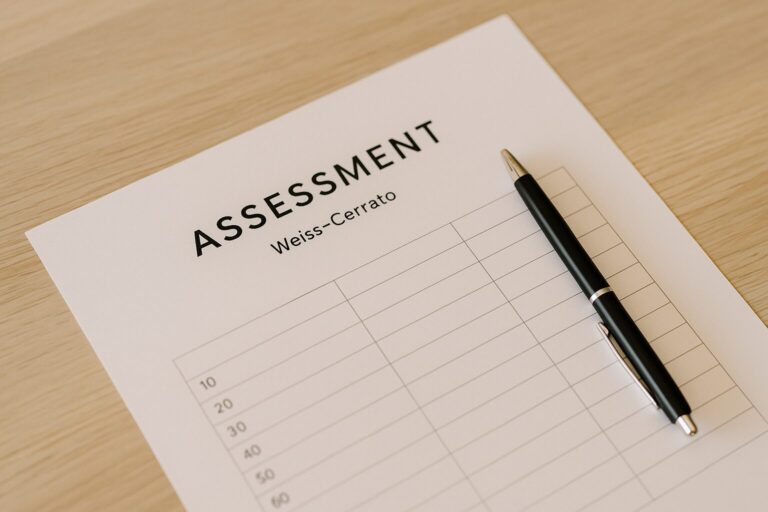 A paper on a table with the words "Assessment" and "Weiss-Cerrato" with lines and a pen indicating assessment.