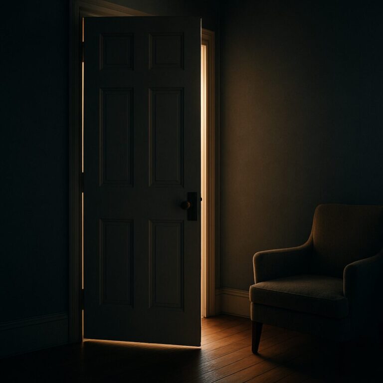 darkened room with an upholstered chair. Door is open with light pouring into the room onto the wooden floor.