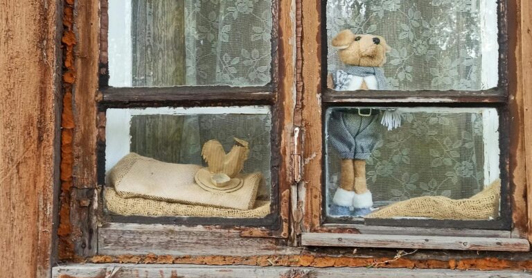 A charming rustic window featuring stuffed toys and reflections, evoking nostalgia.
