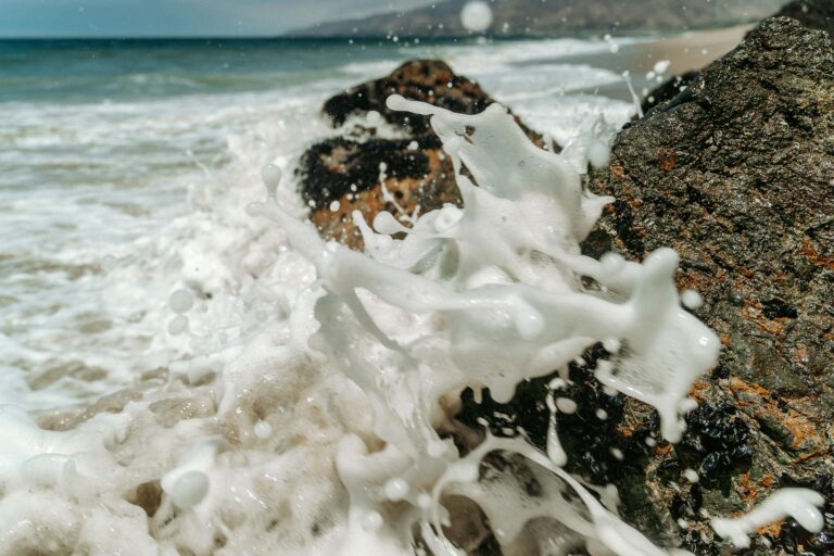 Close-up of ocean wave crashing against rocks with seafoam spray on a sunny day.