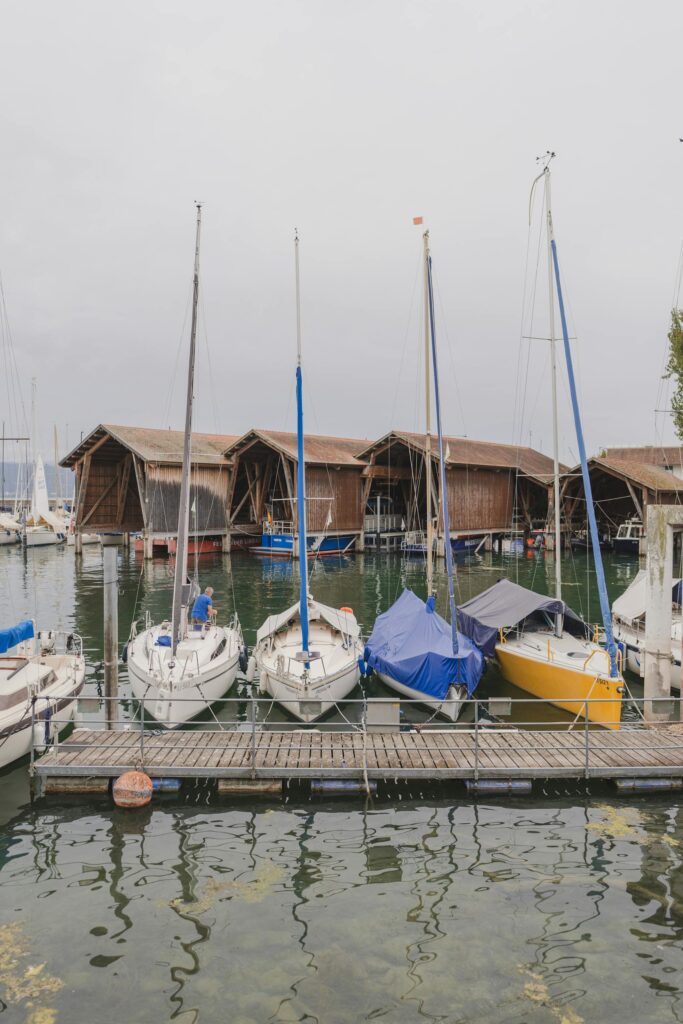 Scenic view of sailboats at a marina on Lake Constance, Germany.