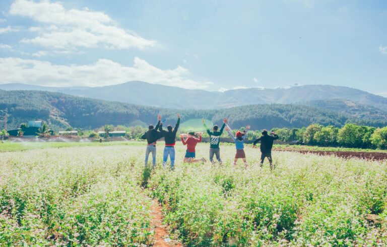 A group of friends joyfully celebrates in a vibrant countryside field with hills and bright skies.