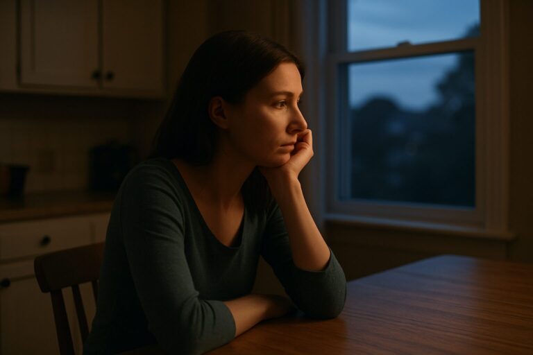A woman at a kitchen table looking pensive. It looks twilight from the window behind her.